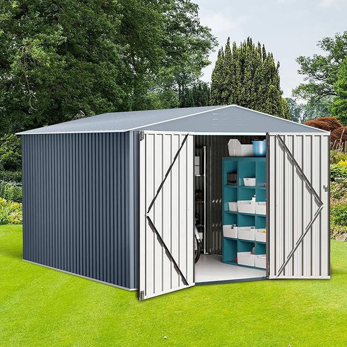 10x12 Ft Outdoor Metal Storage Shed, Galvanized Steel Garden Sheds with Lockable Doors, Extra Large Utility and Tool Storage for Patio Lawn Backyard Outside Use, Grey