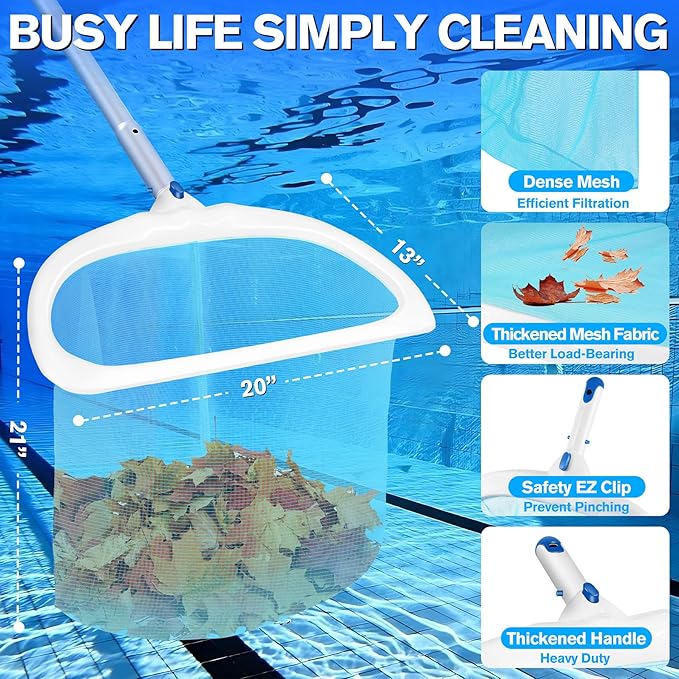 KingSom Swimming Pool Cleaning Kit,Pool Cleaning Tool with EZ Clip,Include 20" Round Pool Brush Head,19" Pool Scrub Brush,Deep Skimmer Net,Leaf Rake Net,Pool Cleaning Equipment for Above Pool(NO Pole)