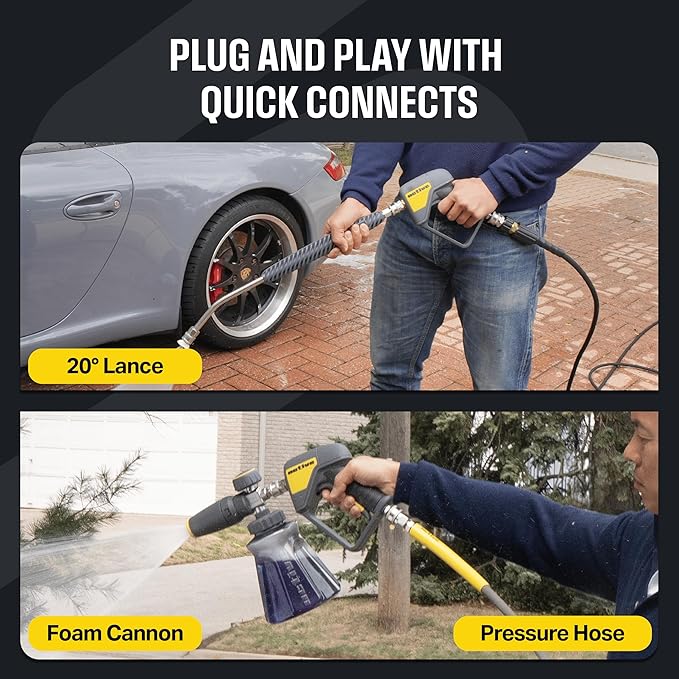 Active Swivel Pressure Washer Gun with an inbuilt 3/8” inlet male swivel plug for pressure washer hose and 1/4” female quick connect for nozzles, wands & foam cannon for home car wash and detailing.