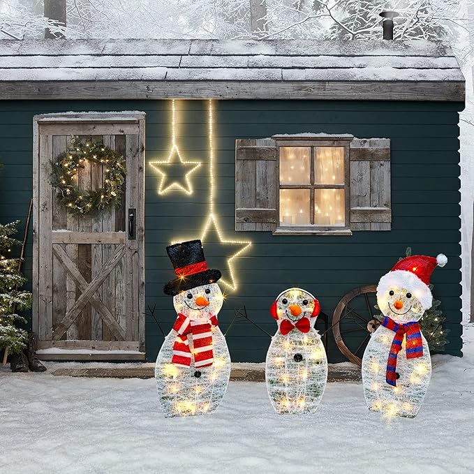 HOURLEEY Christmas Decoration 55 L Lighted Snowman Family Outdoor, 3-Piece Waterproof Plug in 2D Snowman for Yard Patio Lawn Garden Party Decor 20.5X9X29.5Inch-Large (Warm White)