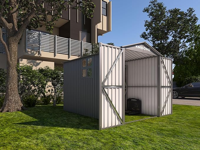 5.5x10FT Motorcycle Outdoor Storage Shed with Window, Lockable Steel Shed for Motorcycle, Heavy-Duty Weather-Resistant, 66.2" L x 121" W x 79.7" H, Grey – Easy Assembly