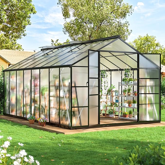 WKM 10x16 FT Greenhouse for Outdoors, Polycarbonate Greenhouse with Roof Vent and Quick Setup Structure, Enhanced Aluminum Greenhouse for Garden Backyard, Black