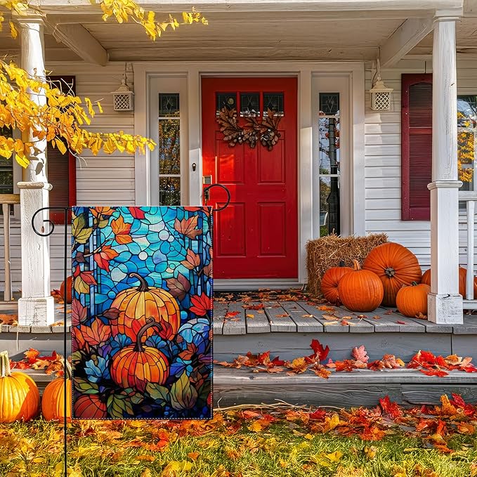 Garden Flags, Garden Flag, Stained Glass Style Pumpkin Maple Leaf Double-Sided Flags for Farmhouse Yard Outdoor Decoration-12 x 18inch (Pumpkin)