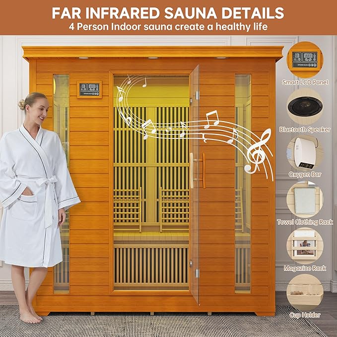 springspa 4 Person Infrared Sauna Room, Low EMF FAR Infrared Sauna for Home, Canadian Hemlock Wooden Indoor Sauna, with 10 Heating Panel, 2 LCD Panel, Bluetooth Speaker, 7 Therapy Light