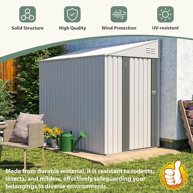4 × 7 FT Lean to Storage Shed, Outdoor Metal Wall Side Bike Mower Sheds & Outdoor Storage Cabinet, Lockable Tool Organization Shed for Garden Patio