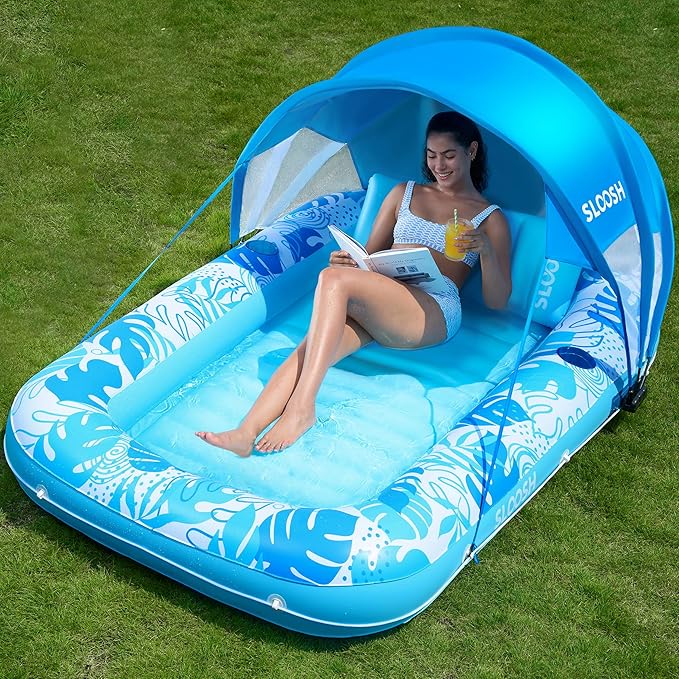SLOOSH Inflatable Pool Floats Adult, 70" x 46" Tanning Pool with Canopy, 4 in 1 Lounger Float with Pillow, Suntan Tub Raft Floatie, Sunbathing Bed Lounge for Water Blow Up Kids Ball Pit Party Gifts