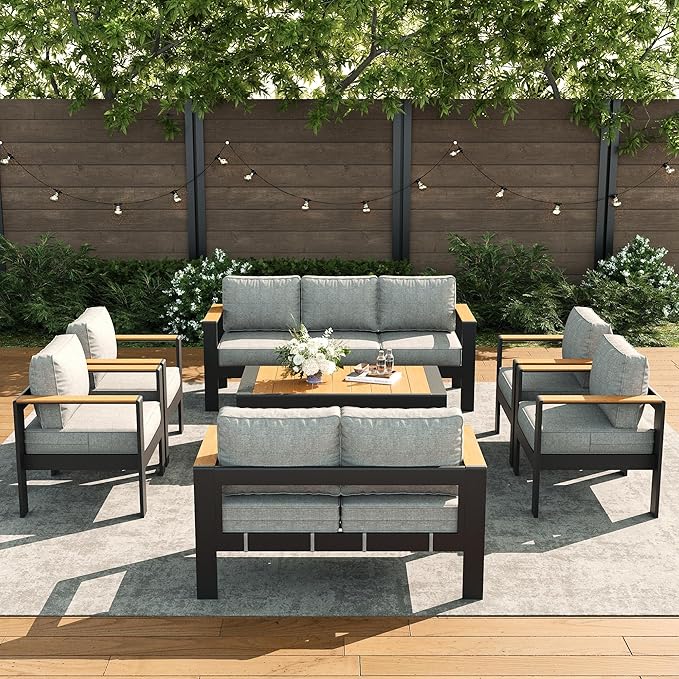 LayinSun 7 Piece Aluminum Outdoor Furniture Set with Coffee Table, Outside Patio Deep Seating Conversation Set with Upgraded Washable Thick Cushion