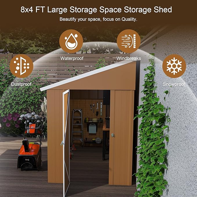 8x4 FT Outdoor Storage Shed, Metal Shed with Floor, Lockable Door, Sloping Roof, All-Weather Lean to Resin Shed for Garden, Backyard, Patio, Lawn (Khaki)