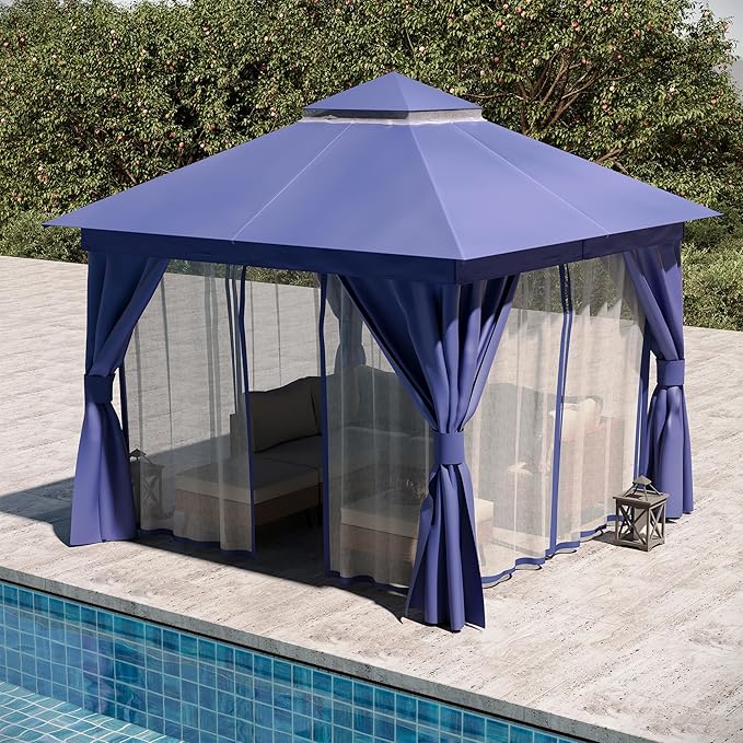 Outdoor Patio Gazebo 10FT, Heavy Duty Party Tent & Shelter with 2-Tier Roof and Expansion Bolts, Mosquito Nettings and Privacy Screens for Backyard, Garden, Poolside, Navy Blue