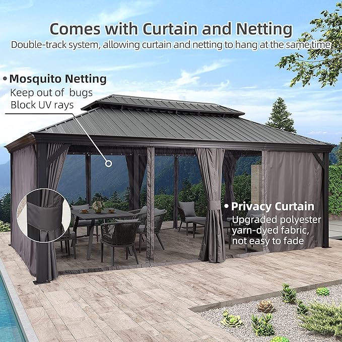 PURPLE LEAF 12' X 20' Permanent Hardtop Gazebo Aluminum Gazebo with Galvanized Steel Double Roof for Patio Lawn and Garden, Curtains and Netting Included, Grey
