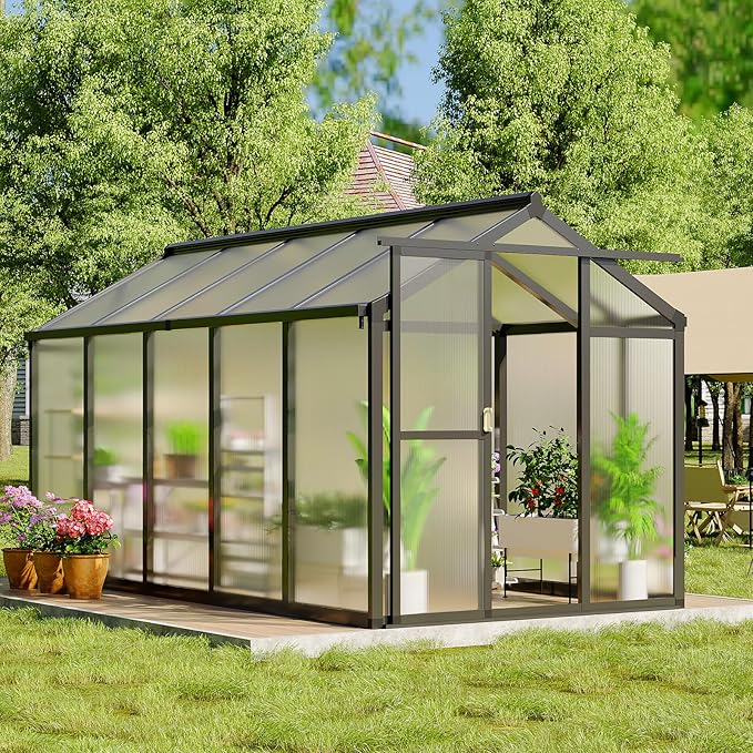6x10 FT Greenhouse, Greenhouse for Outdoors, Polycarbonate Greenhouses with Quick Setup, Aluminum Frame and Roof Vent, Lockable Door for Backyard, Green Houses for Outside Garden Backyard, Patio
