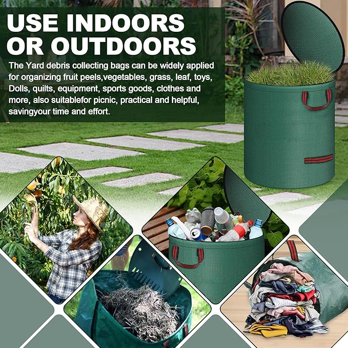 Reusable Yard Waste Bags with Lid, 2 Pack 72 Gallon Lawn and Leaf Garden Bags Heavy Duty with 4 Handles, Collapsible Garden Waste Container for Collecting Indoor Outdoor Debris Leaves Grass Clippings