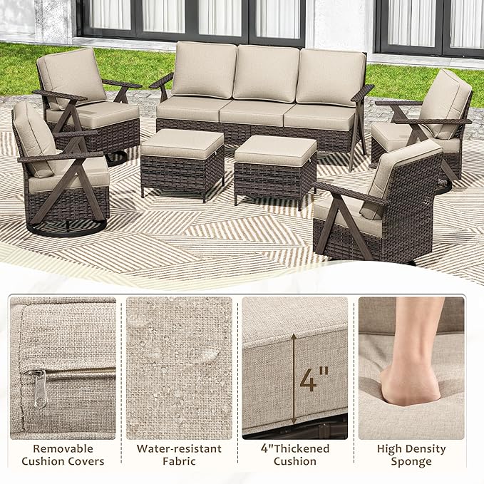 7 Pieces Patio Furniture Set,Outdoor Sofa & High Back Swivel Rocker Patio Chairs, Wicker Conversation Set with Ottoman for Deck Yard and Poolside