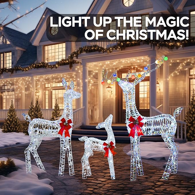 Outdoor Lighted Reindeer Family Christmas Decor, 52" H Iridescent Deer 3D Holiday Yard Decorations with 200 White LED Lights, 3-Piece Set, Perfect for Lawn, Gardern