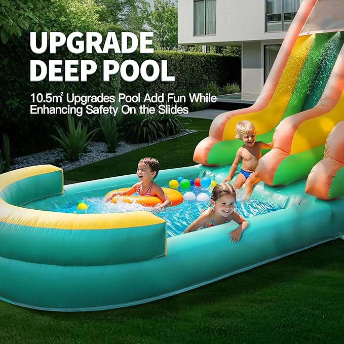 Inflatable Water Slide for Kids & Adults, 26FT 100% PVC Waterslide with Big Splash Pool, Widen Slide with Shallow Pool, 950W Air Blower, Ideal for Backyard, Park (Green Coconut Tree Design) 2