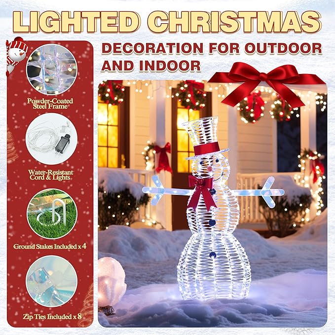 VEIKOU 4.5FT Christmas Outdoor Decorations Snowman, Outdoor Christmas Decorations Snowman with 100 LED Lights, Pre-Lit Iridescent Christmas Decor Snowman for Indoor Outdoor Garden, Yard, Lawn