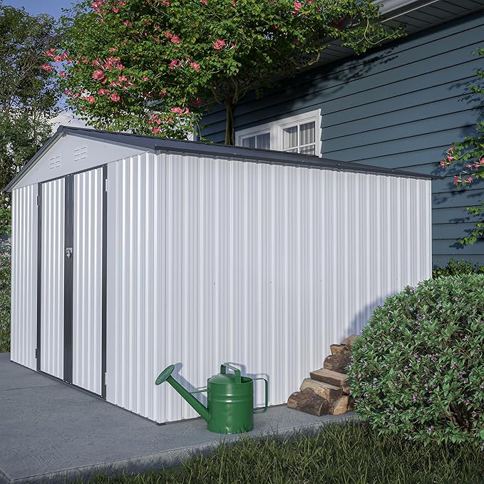 Spacious 10x8 Ft Outdoor Storage Shed with Double Doors – Durable White Resin Construction for Yard Tools, Equipment, Weather-Resistant (White, 10 x 8 ft)