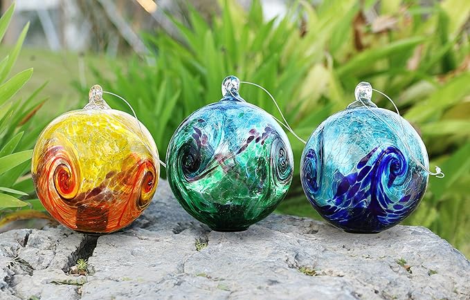 6-Inch Solar Hanging Glass Gazing Ball Outdoor Garden Décor Aqua-Green Swirl