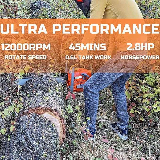 PROYAMA 58CC Gas Powered Chainsaw, 2 Cycle 2.8HP Powerful Chain Saw, 16inch & 20inch Chainsaw Bar, Gasoline Outdoor Cordless Chain Saw for Cutting Forest Wood Garden Trimming Tools