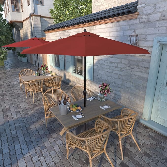 California Umbrella 9' Rd Sunbrella Aluminum Patio Umbrella, Crank Lift, Auto Tilt, Bronze Pole, Jockey Red