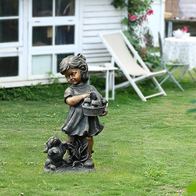 LuxenHome Garden Decor Statue,23" Fiber Stone Girl and Puppy Outdoor Statue, Bronze Garden Sculpture, Outdoor Art for Patio Courtyard Backyard Decor, House Warming Gifts