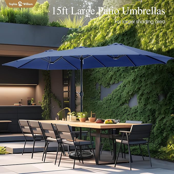 Sophia & William 15 ft Extra Large Patio Umbrella with Base Included, Rectangular Outdoor Umbrella Heavy Duty, Market Umbrella Double-sided Fade Resistant for Pool Garden Backyard, Haze Blue