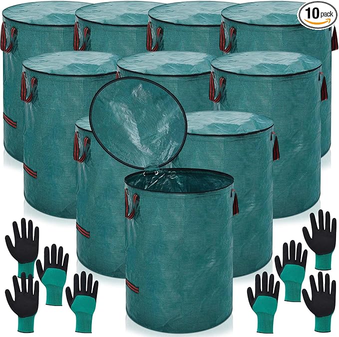 10 Pcs 106 Gallons Yard Waste Bags with Lid and 4 Pairs Gardening Coated Gloves Leaf Bags (h30" x D26") 4 Handles Large Waste Container for Lawn Yard Weed Leaf