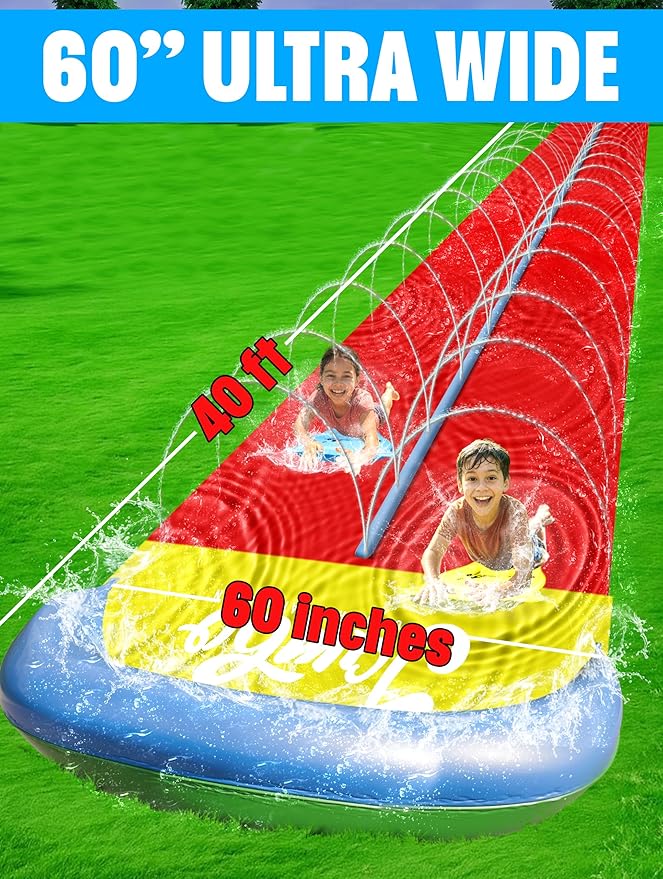 JAMBO 40Ft 3XL Mega Slip Splash and Slide and 2 Bodyboards, Heavy Duty Water with Inflatable Crash Pad, Slide Splash Mat Outdoor Water Sprinkler Splash Mat n Backyard Water Toys