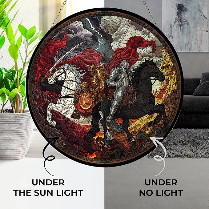 Horsemen of The Apocalypse Stained Glass Window Hanging Window Suncatcher 12" Glass Panel with Metal Chain and Hooks Sun Catchers Indoor Wall Art Home Decor Gift for Women Mother's Day