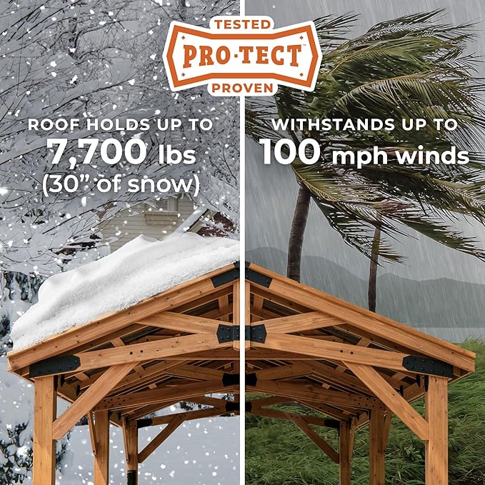 Backyard Discovery Norwood 14' x 10' Cedar Wood Outdoor Gazebo Pavilion with Hardtop Galvanized Steel Peak Roof, Snow Support, Wind Resistance, PowerPort, Shade for Garden, Patio, Deck, Entertaining