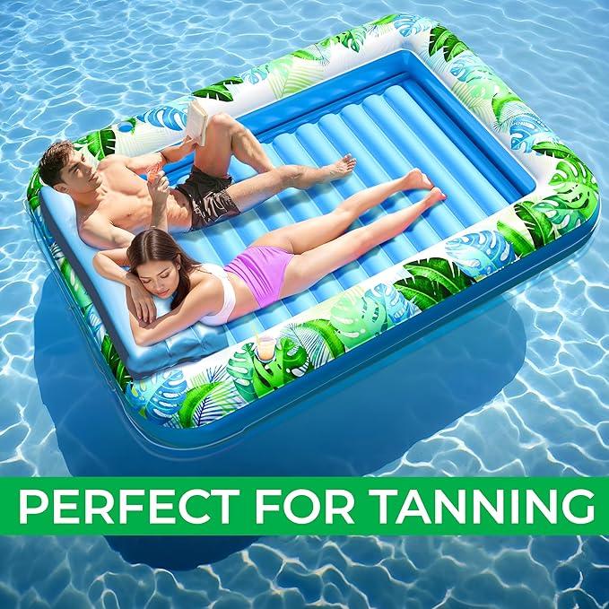 JAMBO XXL Inflatable Tanning Pool Lounger Float, 80 x 56 Sun Tanning Pool Float with Pillow Water Lounge Raft Pool Floatie for Adults Tanning Raft Pool Tub Water Tanning Bed Kiddie Pool Tanning Floats