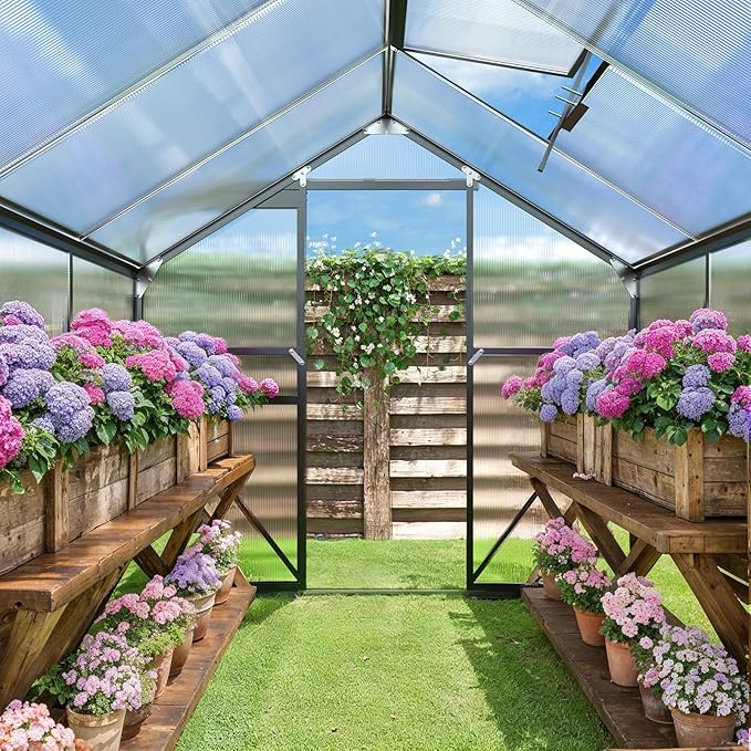 Gizoon 8x6 FT Outdoor Greenhouse, Polycarbonate Walk-in Garden House with Adjustable Roof Vent & Sliding Door, Aluminum Frame Garden Plant House for Backyard, Patio and Gardening (Black)