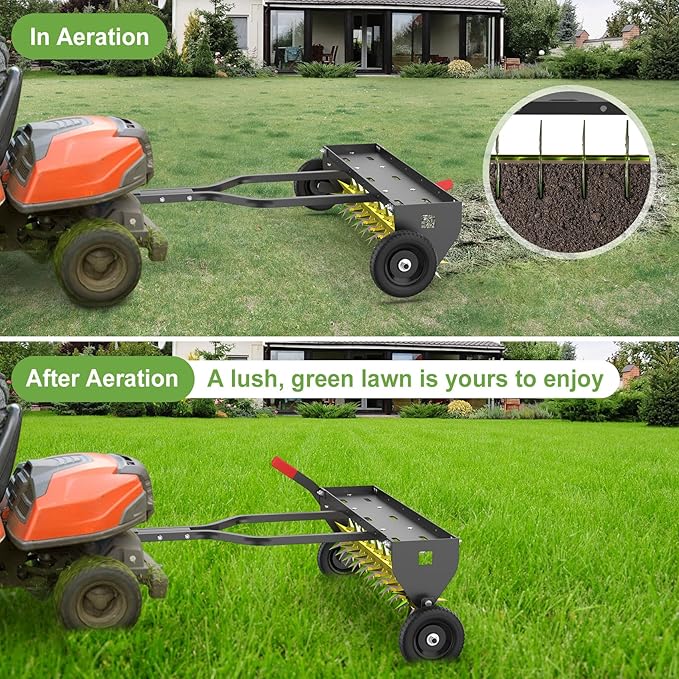 Seeutek 40 Inch Tow Behind Spike Aerator - Heavy Duty Rolling Lawn Aerator with 3D Steel Tines & Weight Tray, Extra-Wide Tow Bar Soil Penetrator Spikes Tractor with Folding Shovel for Lawn Garden Farm
