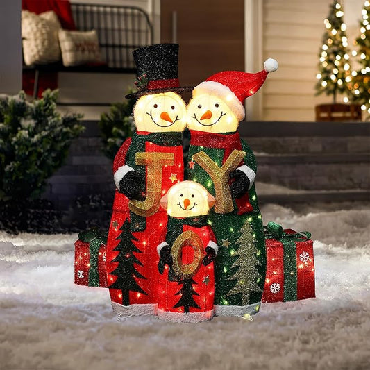 LuxenHome 3FT Lighted Snowman Family Outdoor Decoration, Prelit Joy Snowman with Hat and Scarf, Illuminated Christmas Decorations Indoor and Outdoor for Porch, Lawn, Xmas Holiday Yard Decor
