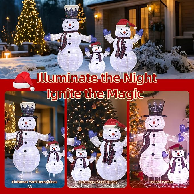 3-Piece 3D Lighted Snowman Family Set Outdoor Christmas Decorations Weather-Resistant Christmas Collapsible Snowmen Yard Decor for Yard Patio with LED Lights & Stakes