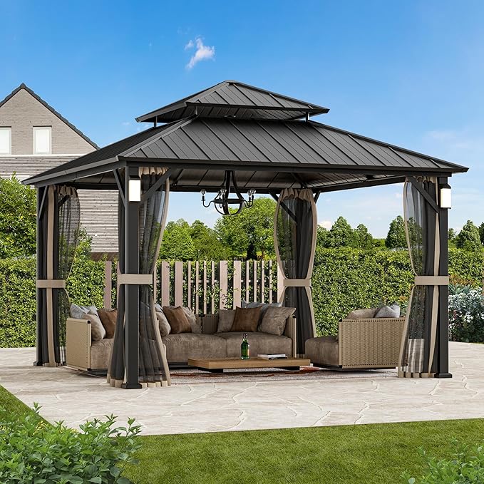 Modern Shade The Horizon Hardtop Gazebo 12' x 12' with 4 LED Lights, Permanent Outdoor Gazebo with Galvanized Steel Double Roof, Grill Pavilion with Decor Hooks, Mosquito Nettings, Black