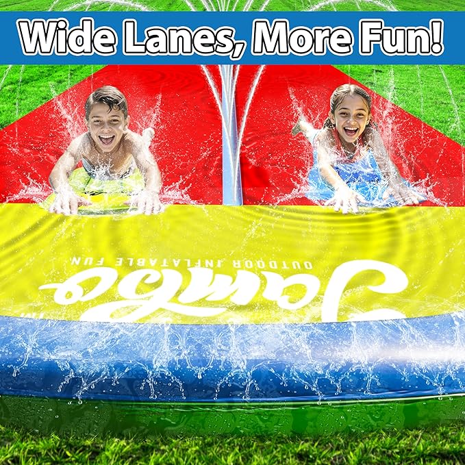 JAMBO 40Ft 3XL Mega Slip Splash and Slide and 2 Bodyboards, Heavy Duty Water with Inflatable Crash Pad, Slide Splash Mat Outdoor Water Sprinkler Splash Mat n Backyard Water Toys