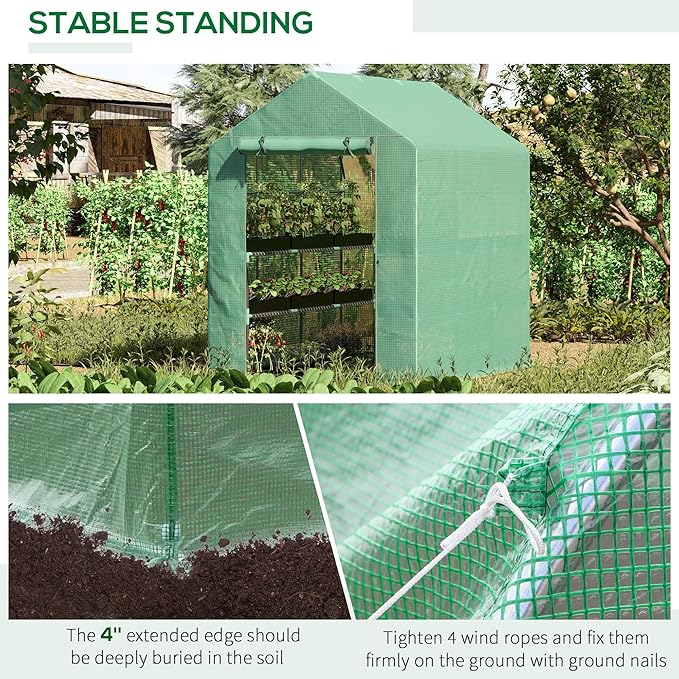Outsunny 7' x 5' x 6' Walk-in Greenhouse for Outdoors with Mesh Door, 18 Shelf Hot House with Trellis, Plant Labels, UV Protective for Growing Flowers, Herbs, Vegetables, Saplings, Green