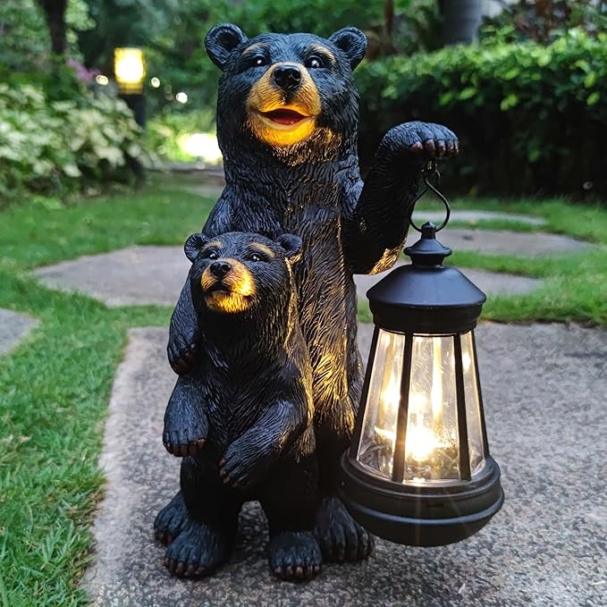 Black Bear Solar Lantern Garden Statues，Loving Bear Figurine Lights for Outside Decoration ,Lawn Outdoor Decor for Patio,Balcony,Yard-Unique Gift for Grandma Wowen Mom