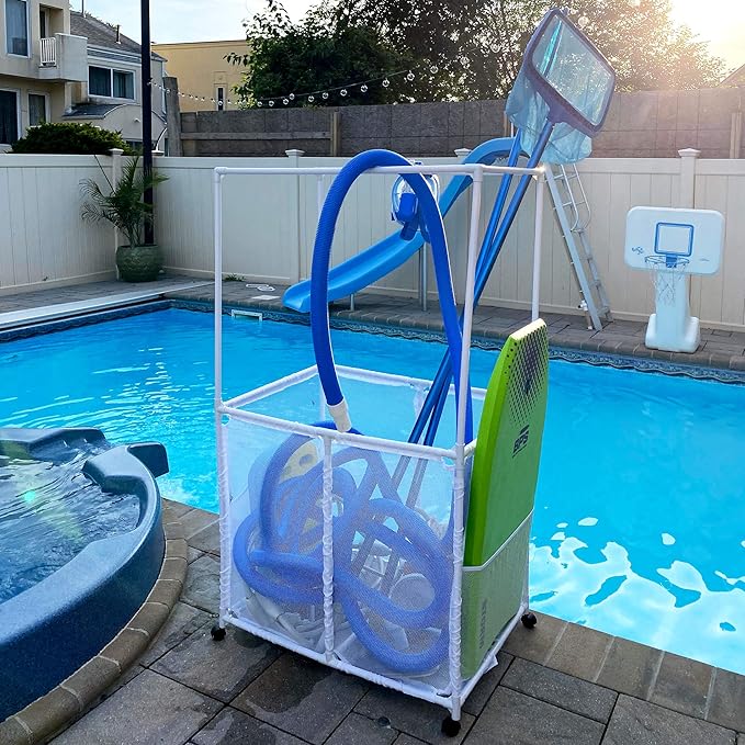 Essentially Yours Pool Equipment Holder with Towel Drying Bars, Mesh Rolling Pool Storage Organizer Bin, Extra Large with Towel Hanger, (34.5" W x 25" L x 62.6" H), White Style 418566