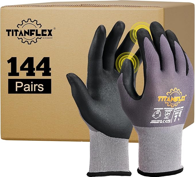 TitanFlex Work Gloves Microfoam Nitrile Coated Men Women, Safety Warehouse Gloves with Grip, Touchscreen, Seamless Knit Nylon