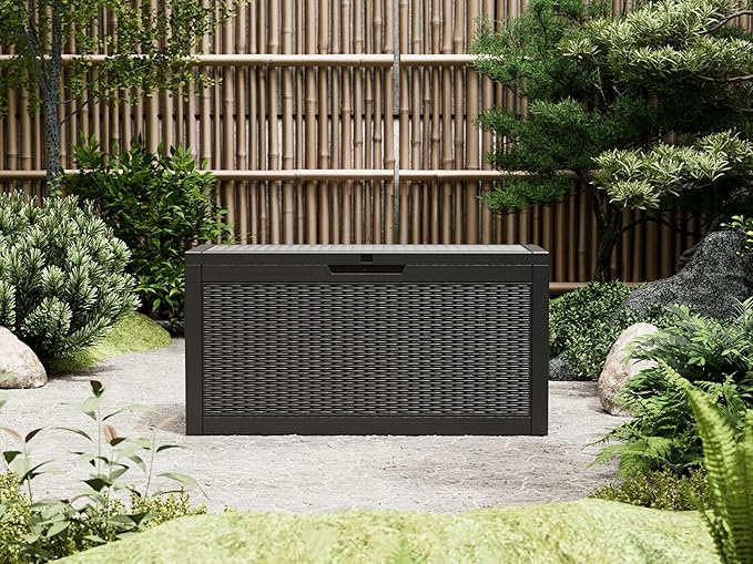 60 Gallon Outdoor Storage Box, Waterproof Resin Deck Box with Lockable Lid – Storage Cabinet for Patio Furniture, Pool Supplies, Garden Tools（Rattan,Black）
