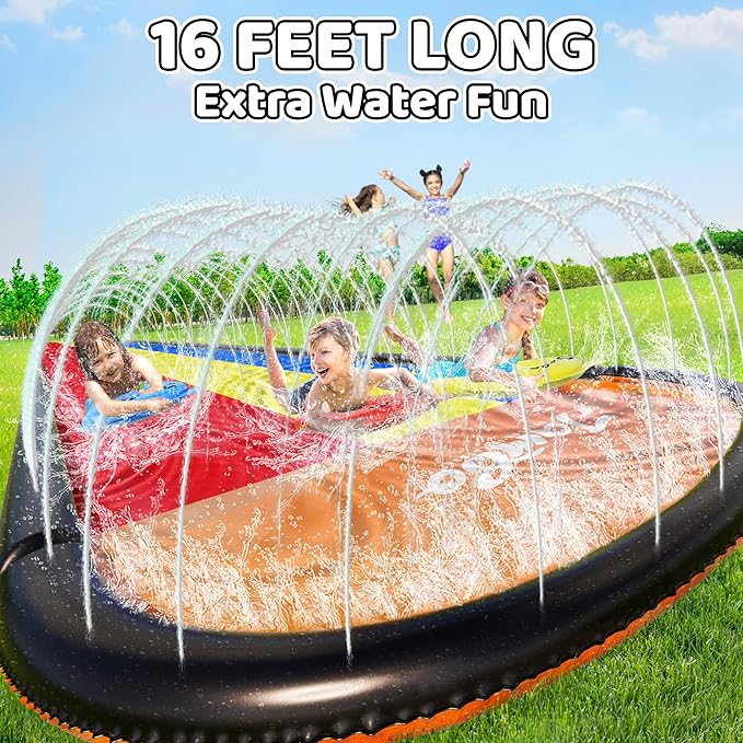 JAMBO Premium 16Ft Slip Splash and Slide and 3 Bodyboards, Heavy Duty Water Slide - 3-Way Sprinkler System, Splash Mat Pad, Backyard Outdoor Water Toys n Slides for Kids