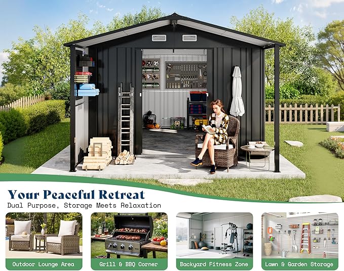AMERLIFE 10x16.6x7.3 FT Metal Storage Shed with Lounge Area, Sliding Doors, 2 4-Pane Windows & Vents, Outdoor Tool Shed for Garden & Backyard, Heavy-Duty Weather-Resistant Steel, Dark Gray