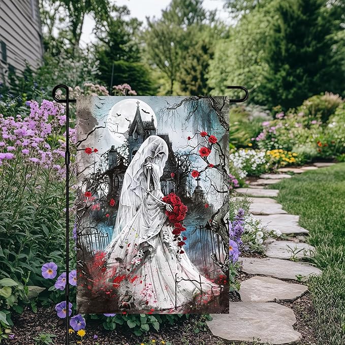 Halloween Horror Garden Flag 12x18 Inch Skeleton Bride Haunted Church Flag Outdoor Yard Decorations House Banner Porch Lawn Patio Home Decor