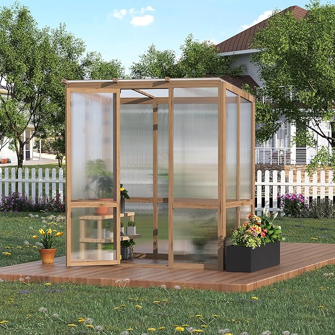 4x6FT Wooden Greenhouse with Cedar Frame, Outdoor Wood Greenhouses with Roof Vent, Wood and Polycarbonate Walk-in Greenhouse