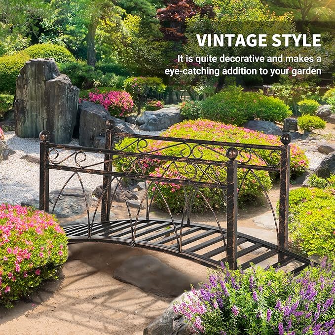 Outsunny 3.3' Metal Arch Zen Garden Bridge with Safety Siderails, Decorative Footbridge, Delicate Scrollwork & Corner Spheres for Stream, Fish Pond, Bronze
