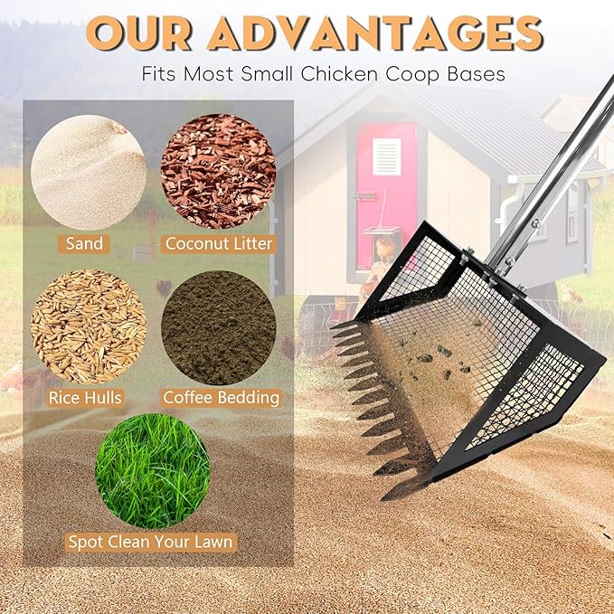 Chicken Poop Scooper and Rake 2-in-1, 10” Wide Metal Coop Scoop for Sand Sifting Shovel with 22" to 62” Adjustable Stainless Steel Handle, Cleaning Tools for Chicken Coops & Farm Animals Scoop