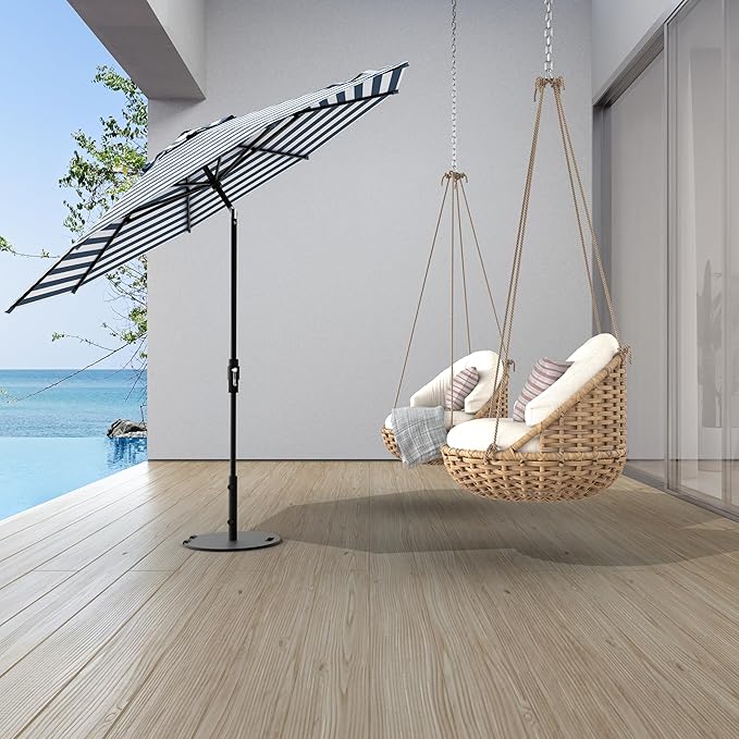 Midtown Umbrellas The Swilt 9 Feet Patio Umbrella in Terylast Navy Stripes (Navy/White) Polyester Fabric - Fiberglass Ribs, Auto-Tilt Aluminum Frame For Backyard, Deck, Garden, Pool - White Pole