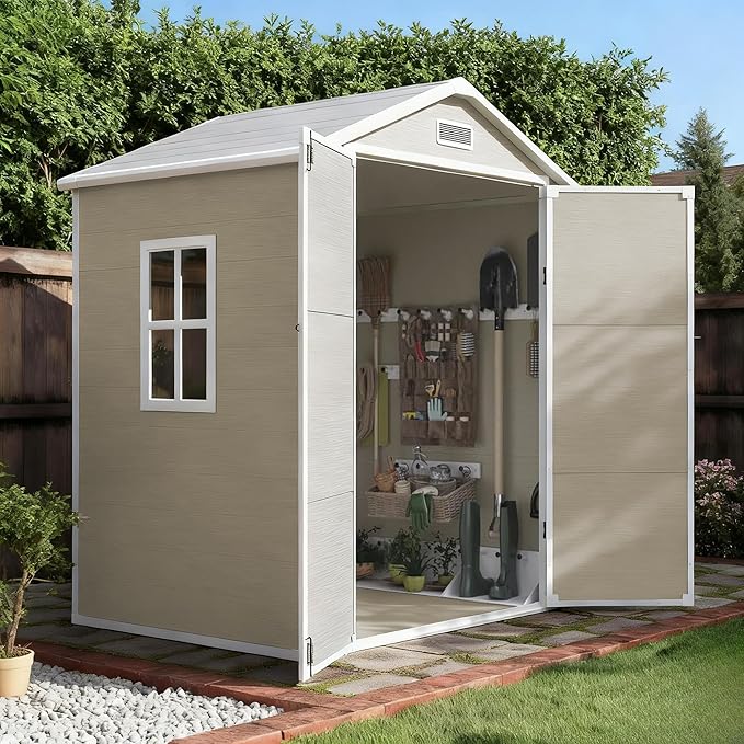 Outdoor Shed 5x3/6x4/7x7/8x6/8x10/8x12 FT, 15MM Thick PP Resin Plastic Shed with Lockable Door & Floor - Waterproof Plastic Tool Shed for Bike, Garbage Can, Backyard, Patio ﻿ ﻿ (Light Brown, 6x4FT)